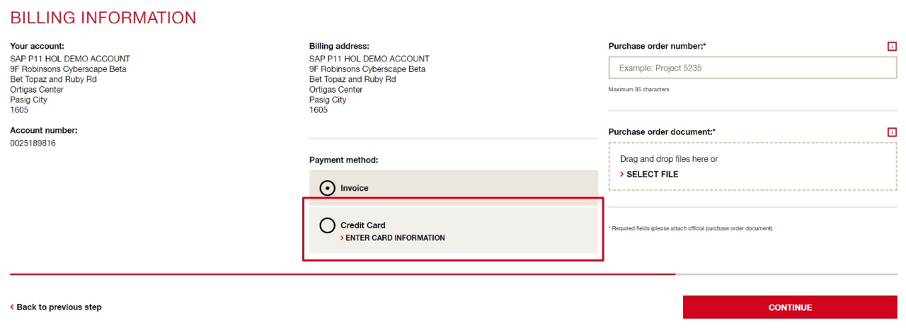 Billing Information page with credit card option