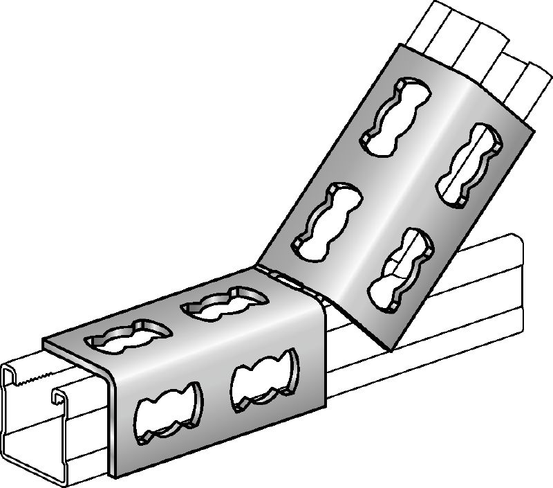 MQW 45°/135°-F Hot-dip galvanised (HDG) 45- or 135-degree angle for connecting multiple MQ strut channels